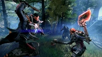 Intense battle in a futuristic forest setting from "The Surge 2.