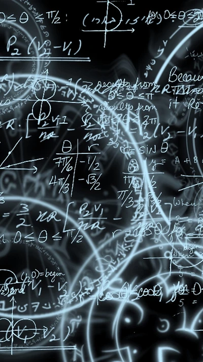 Equações matemáticas abstratas e símbolos em um fundo escuro, mostrando cálculos e teorias complexas.