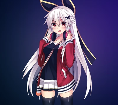 Anime girl with long white hair and headphones, dressed in a stylish outfit with ribbons and a playful expression.