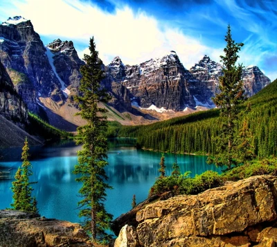 Majestic Moraine Lake Surrounded by Snow-Capped Mountains and Lush Fir Trees