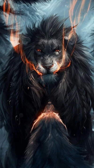 Majestuoso Rey León de Fuego en un Reino de Fantasía