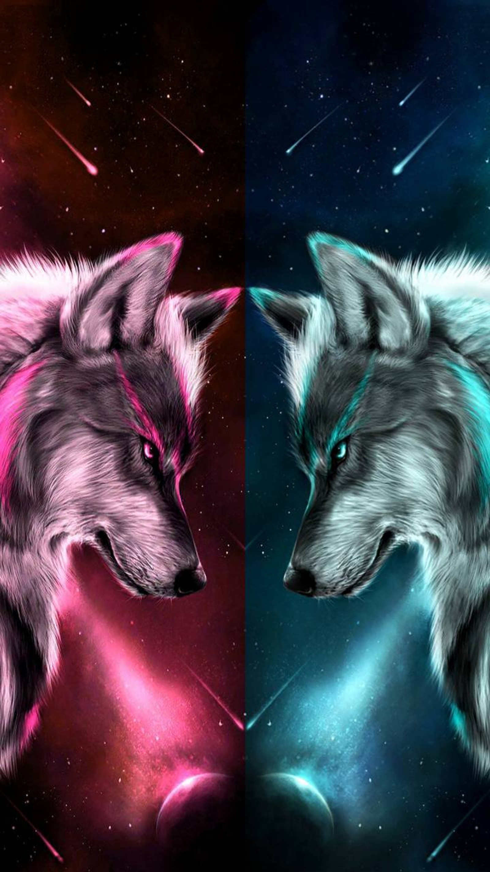 Two wolfs in the space with a bright background (earth vs sun, wolf)