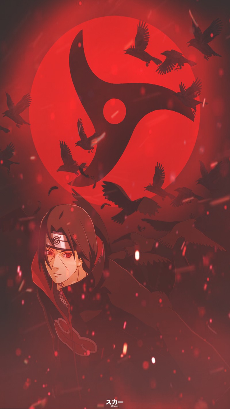 Персонаж аниме на красном фоне и с красной луной (аниме обои, вороны, itachi, naruto, photoshop)