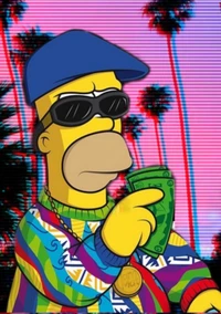 Homer Simpson in a colorful sweater, wearing sunglasses and holding cash, set against a retro palm tree backdrop.