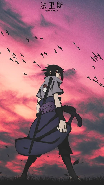 Sasuke Uchiha contre un ciel de coucher de soleil vif