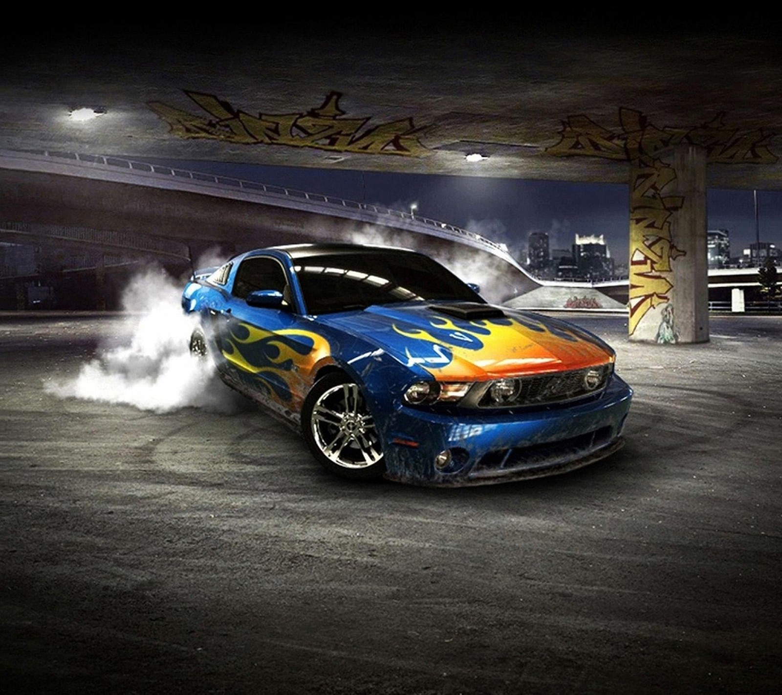 Arafed blue and orange car with flames on the hood (2160x1920, hd wallpaper, samsung galaxy s4)