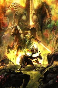 Epic battle scene from "The Legend of Zelda," featuring Link on horseback, Midna in wolf form, and shadowy foes in a vibrant, mystical landscape.