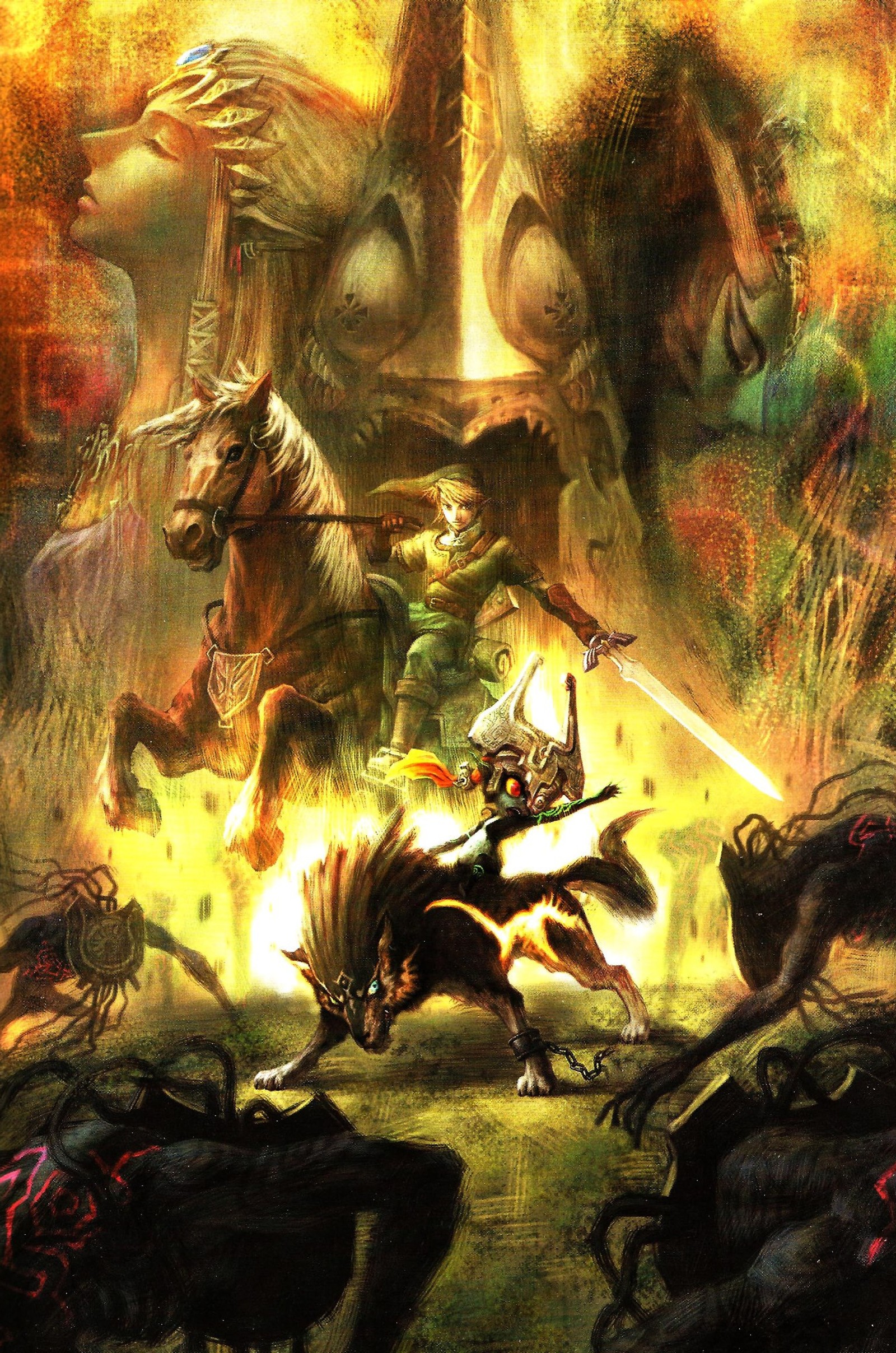 Painting of a man riding a horse with a sword and a horse with a horse on it (games, legend of zelda)