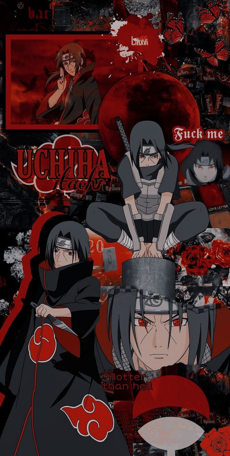 Персонажи аниме с мечами и кровью на красном фоне (itachi, naruto, uchiha)