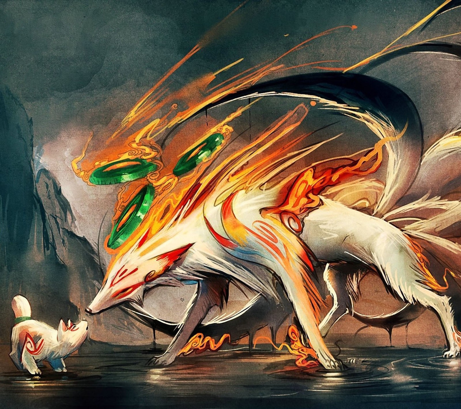 Descargar fondo de pantalla amaterasu, chibiterasu, okami, okamiden, veideo game