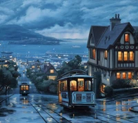 building, landscape, night, streetcar, usa wallpaper