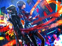 Kaneki e Touka em uma cena urbana vibrante, encharcada de chuva, cercados por uma mistura dinâmica de cores e formas abstratas, incorporando o tema da luta e da resiliência.