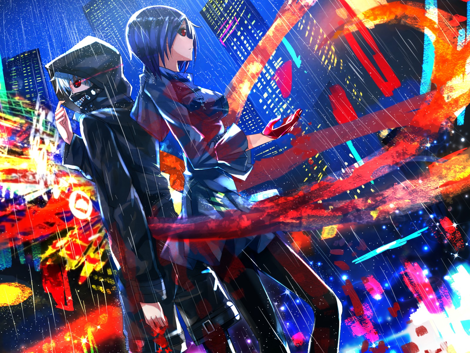 Anime-mädchen und junge im regen (kaneki, touka, blut)