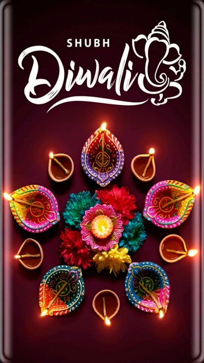 Decoraciones vibrantes de Diwali con diyas y flores