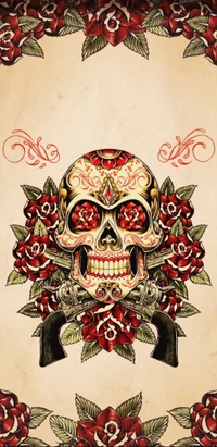 guns, rose, roses, skull