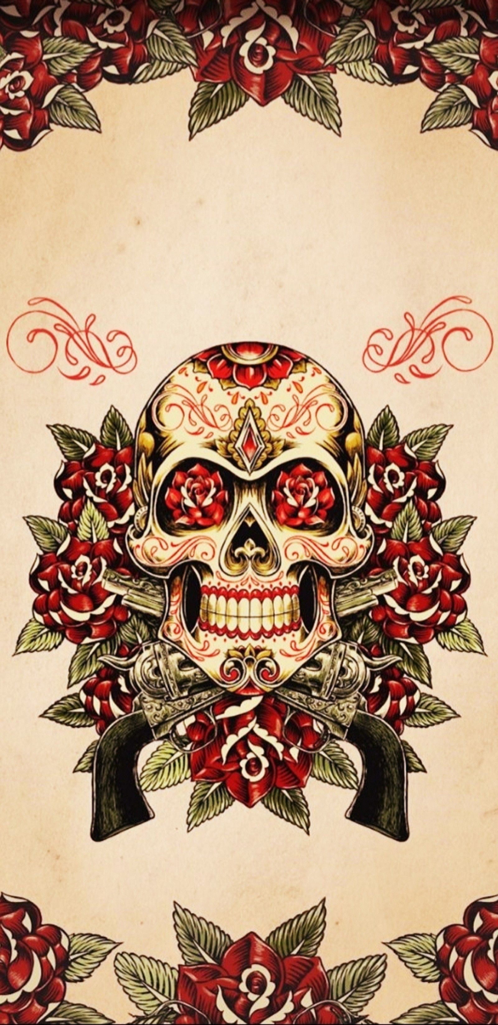 A drawing of a skull with roses and guns on a paper (guns, rose, roses, skull)