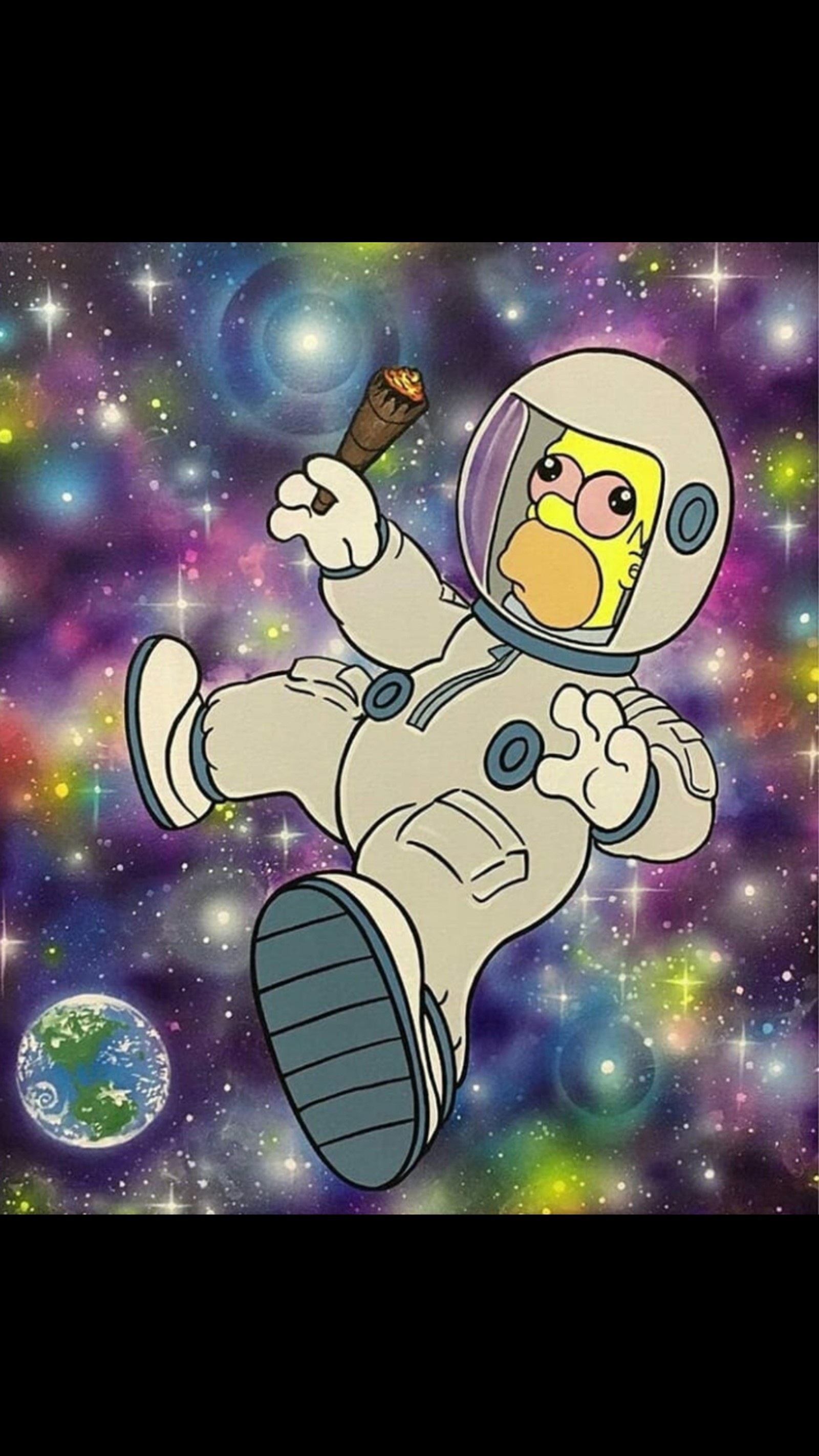 Caricatura de un hombre en un traje espacial sosteniendo un cuchillo (stoner, simpsons, homero)