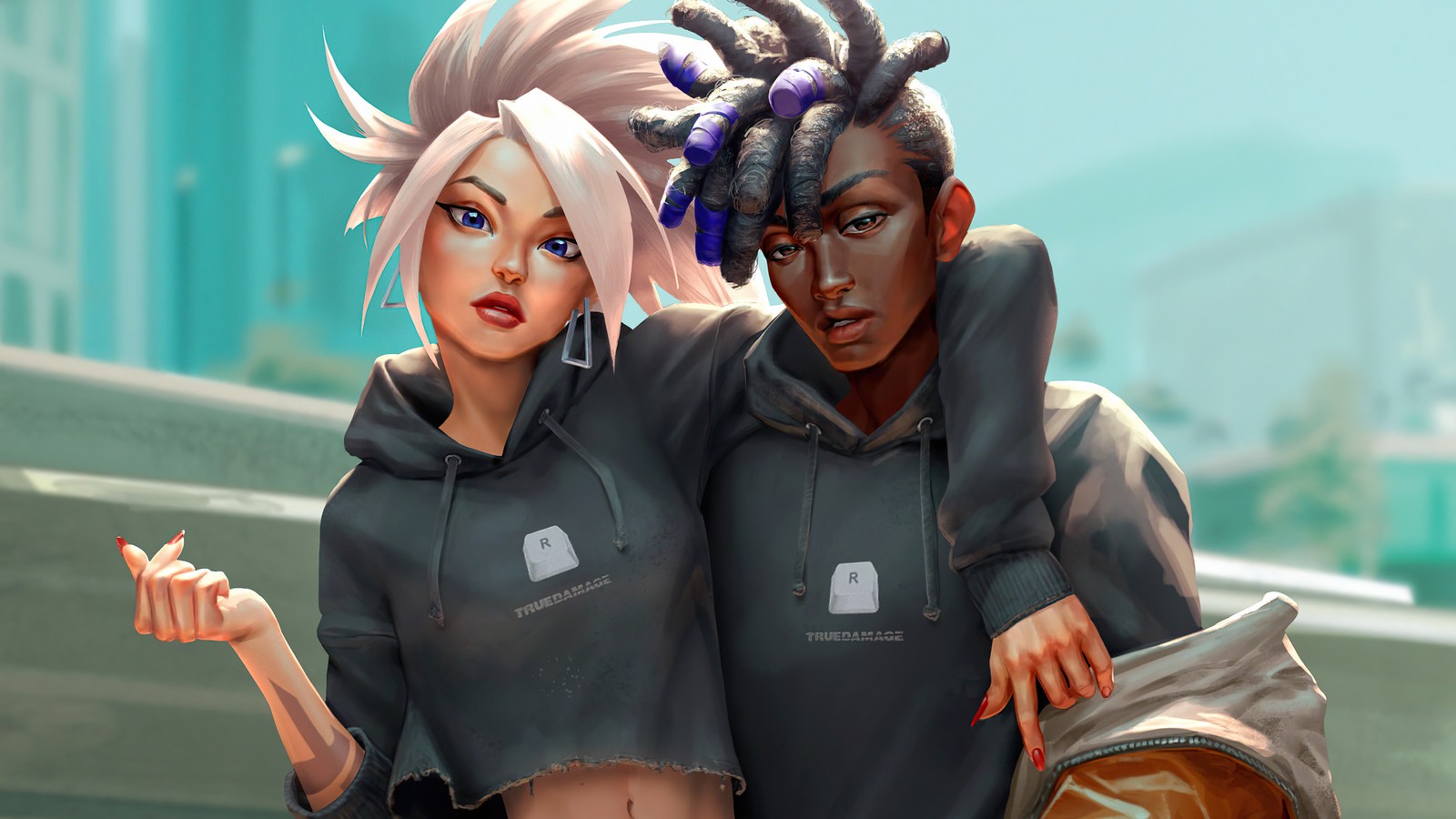 Dos mujeres en sudaderas negras de pie una al lado de la otra (akali, ekko, true damage, league of legends, lol)