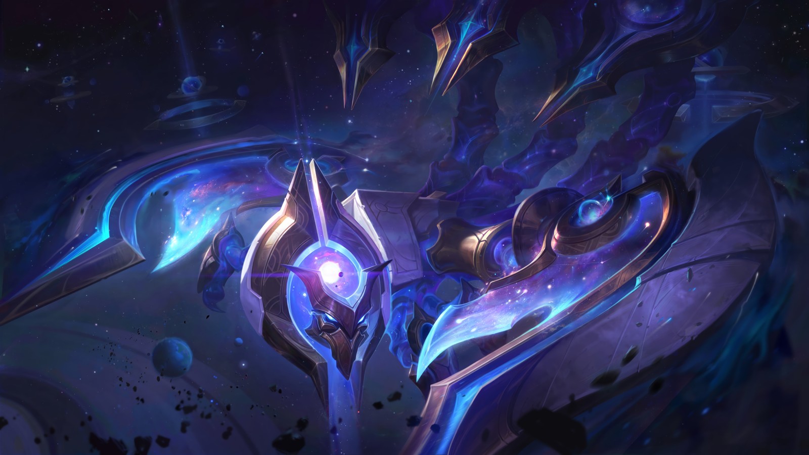 A close up of a blue and black artwork of a demonic creature (cosmic sting, skarner, skin, rework, visual update)