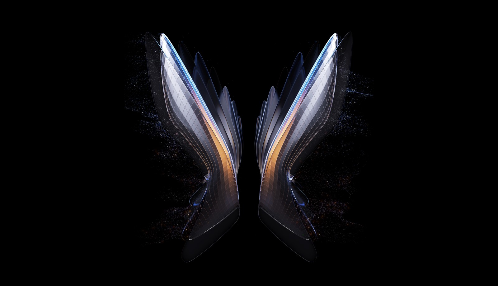 A close up of two large, curved, black, and white, abstract shapes (symmetric, abstract background, black background, angel wings, fold phone)