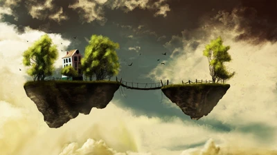 Un paisaje flotante surrealista con una casa y árboles conectados por un puente contra un cielo dramático.