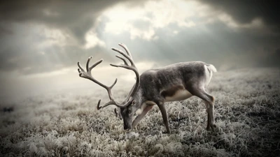 Renas majestosas pastando em uma paisagem de tundra congelada