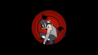 Itachi Uchiha com Mangekyō Sharingan em um fundo preto marcante