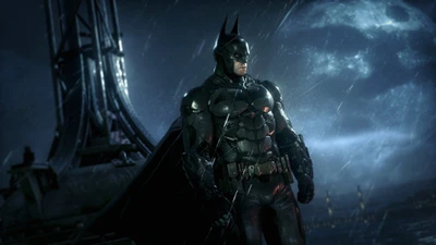 Batman se encuentra resueltamente en las calles empapadas de lluvia de Gotham City, vestido con una armadura oscura y formidable, encarnando la esencia del heroísmo en medio de una atmósfera de oscuridad y tensión.