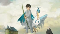 A young boy stands confidently with a heron, set against a whimsical backdrop of a house and a mysterious figure.