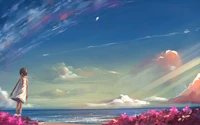 A serene summer day by the ocean, featuring a girl in a flowing dress gazing at the sky, with vibrant clouds and a distant kite soaring above.