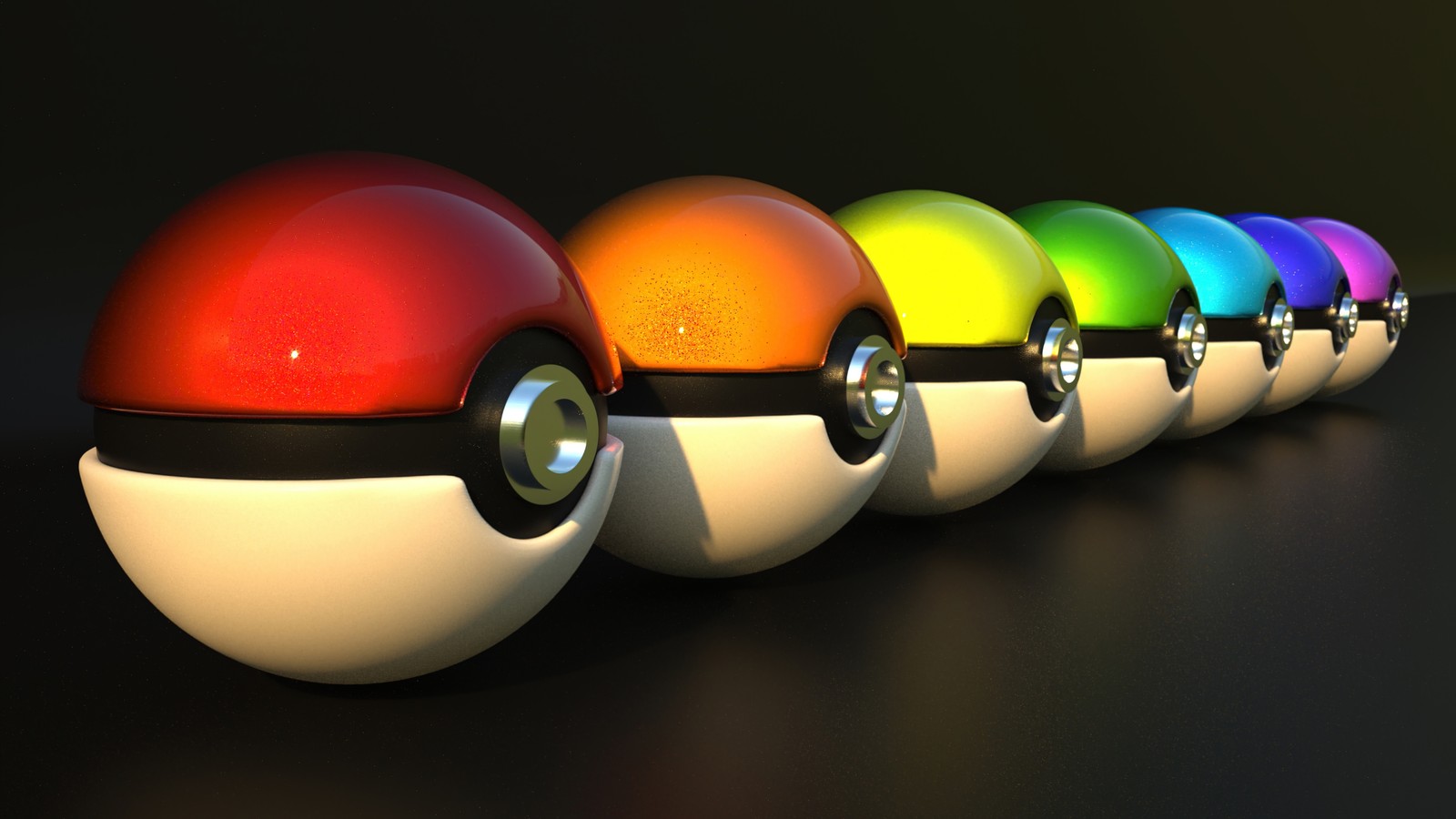 Um close de uma fileira de pokeballs com um arco-íris de cores (poke balls, pokémon, pokemon)