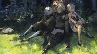 Emil, Kaine y 2B en un entorno forestal sereno - Arte de Nier Replicant