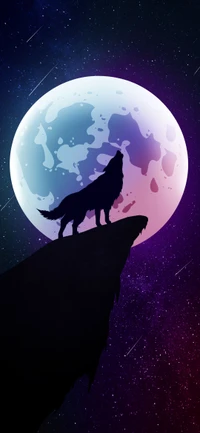 Lobo silueteado aullando bajo una luna cósmica