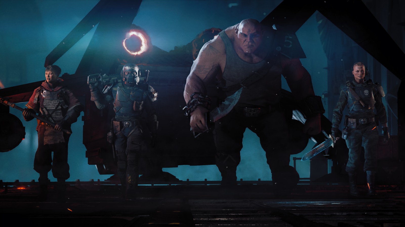 A group of people standing in front of a helicopter in a dark room (warhammer 40000 darktide, video game, class, characters)