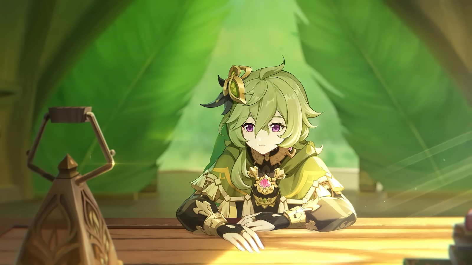 Anime girl sitting on a bench in a forest with a green background (collei, genshin impact, video game, teyvat chapter interlude teaser a winter nights lazzo trailer)