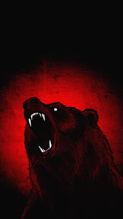 Urso grizzly rugindo contra um fundo vermelho escuro