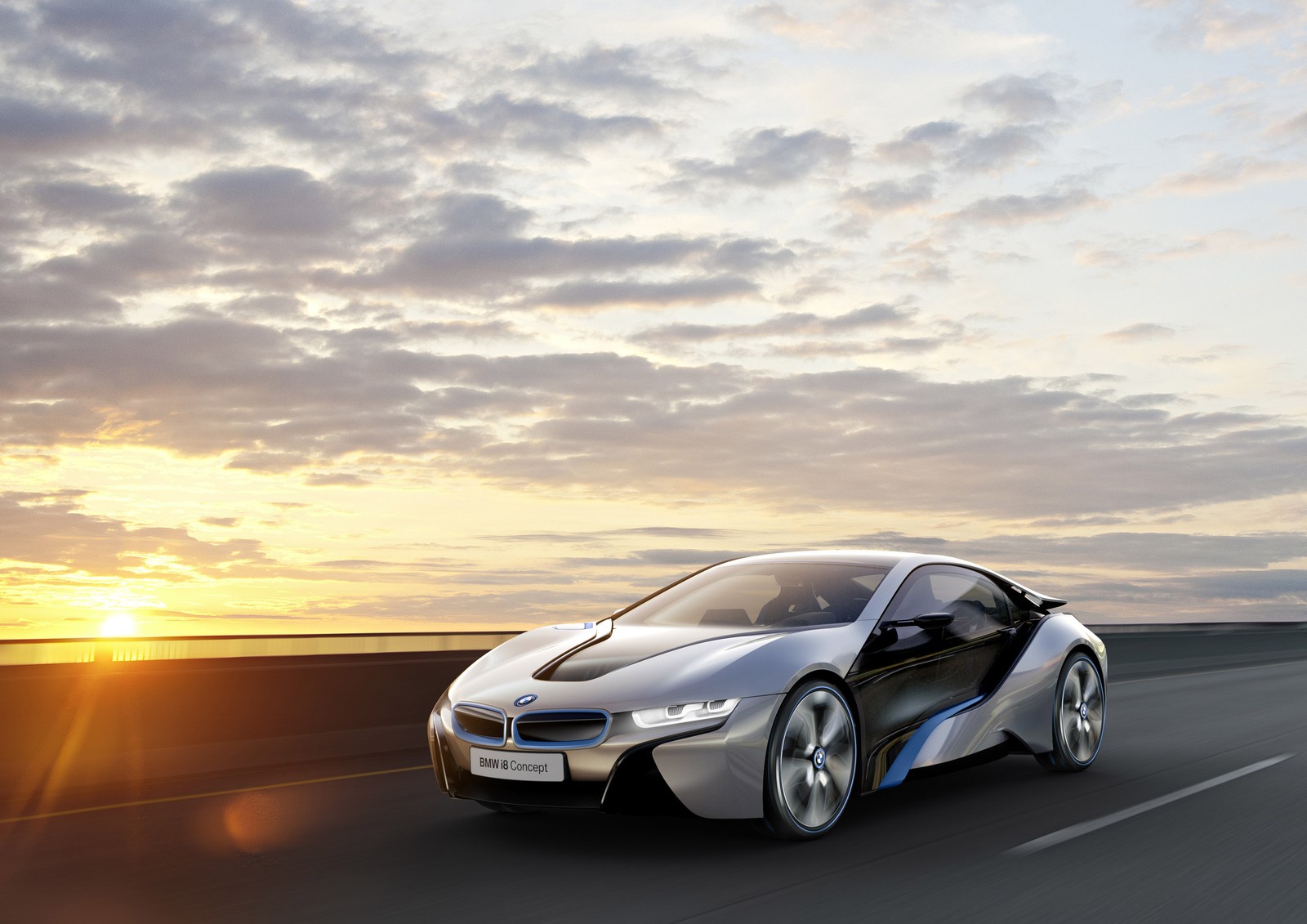 Концепт-кар bmw i8 на шоссе на закате (bmw i8, спортивный автомобиль, машина, bmw, мини купер)