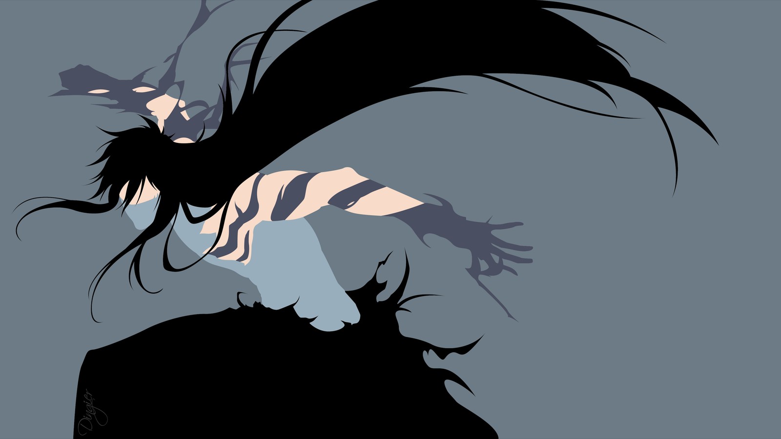 A black and white image of a woman with long hair (ichigo kurosaki, minimalist, bleach, anime, 4k wallpaper)