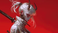 Cyberpunk Anime Girl with Horns and Katana in a Bold Red Background