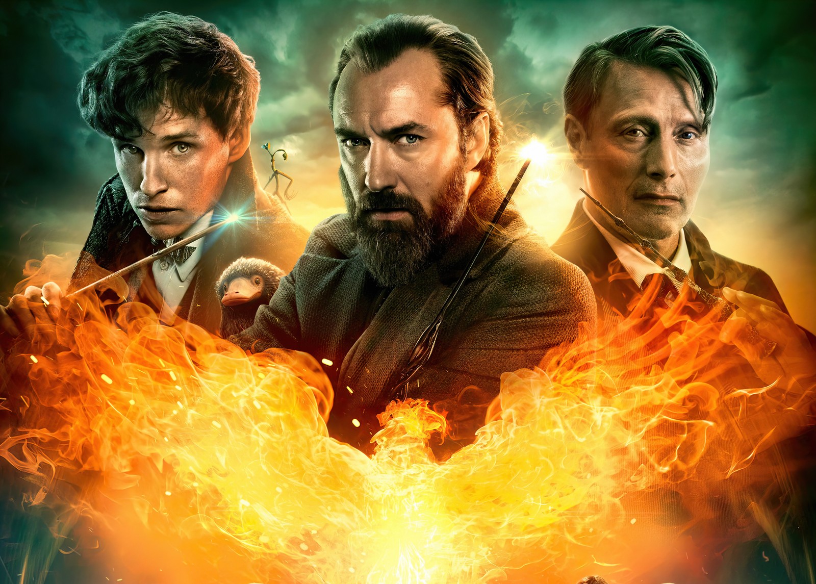 The three men are standing in front of a fire heart (fantastic beasts the secrets of dumbledore, jude law, eddie redmayne, mads mikkelsen, 2022 movies)