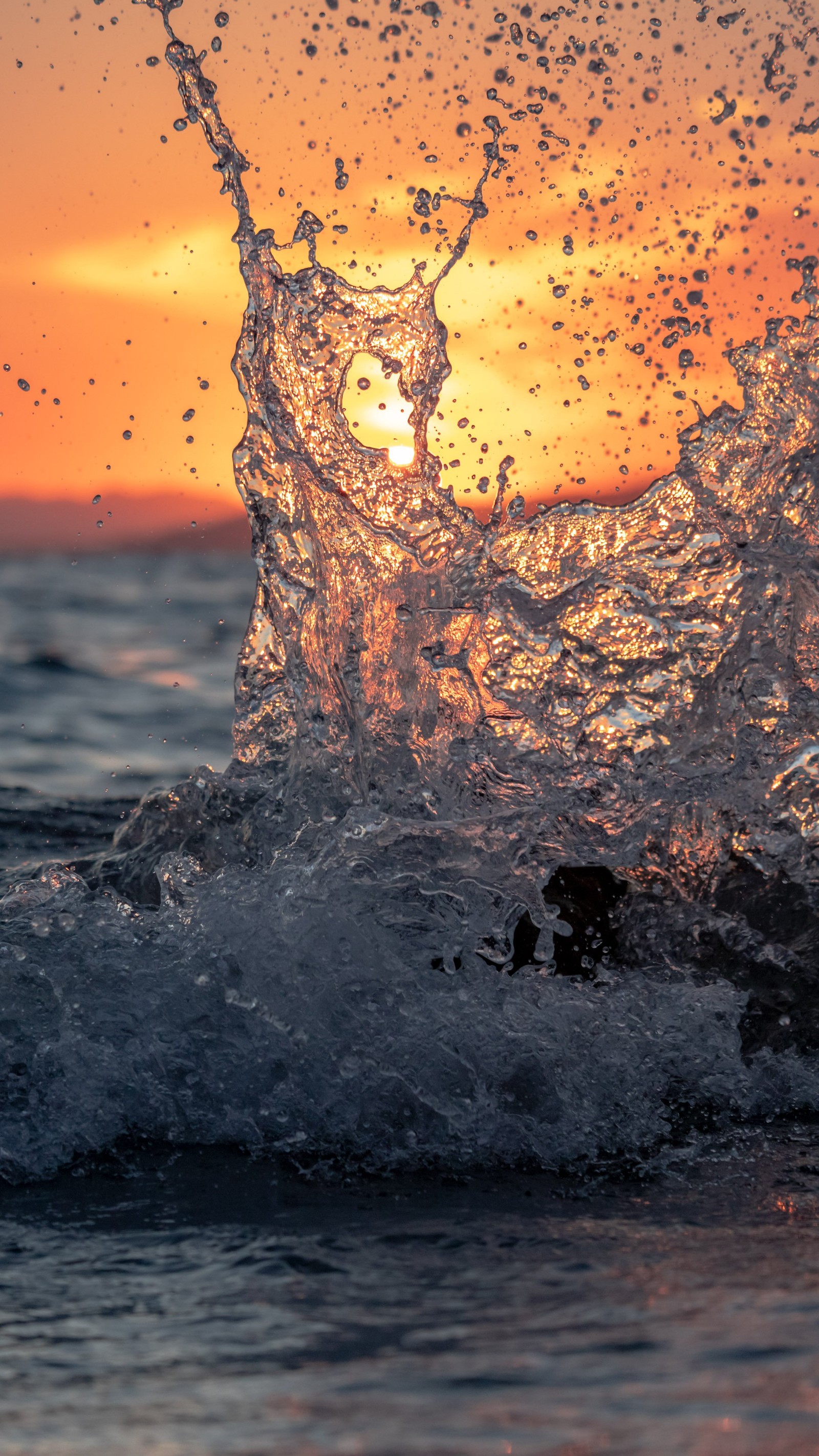 Girafa espirrando água em uma onda ao pôr do sol na praia (água, ciência, física, atmosfera, líquido)