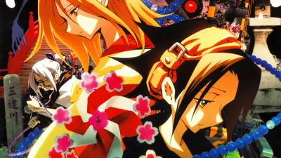 Yoh Asakura et Anna Kyoyama dans une scène dynamique de Shaman King entourés d'images vibrantes et de symbolisme.