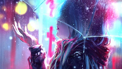 Anime Girl in the Rain with Umbrella at Night