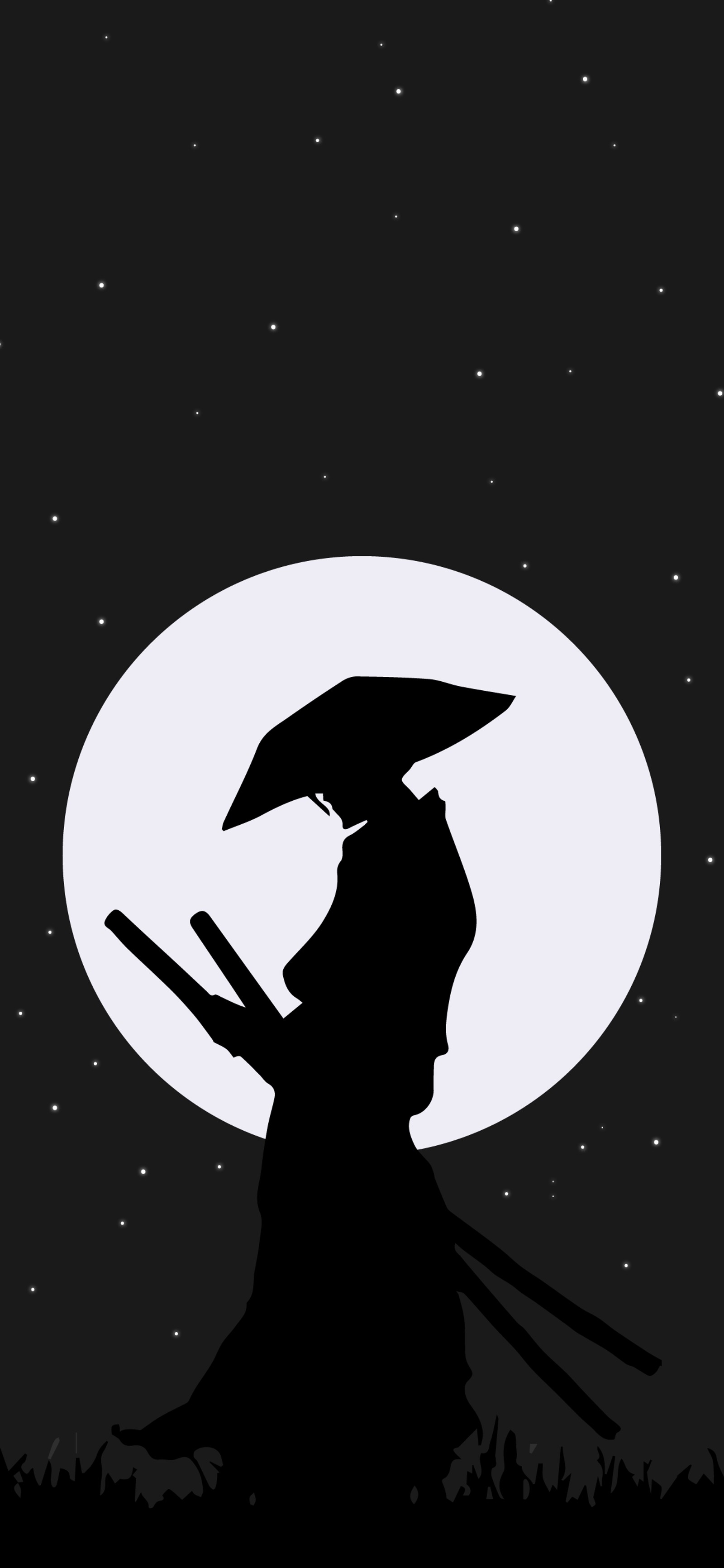 Silhouette arabe d'une personne avec une épée samouraï et une pleine lune (samouraï, espace, noir et blanc, silhouette, illustration)