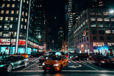 Vibrant Nighttime Traffic in a Downtown Metropolis