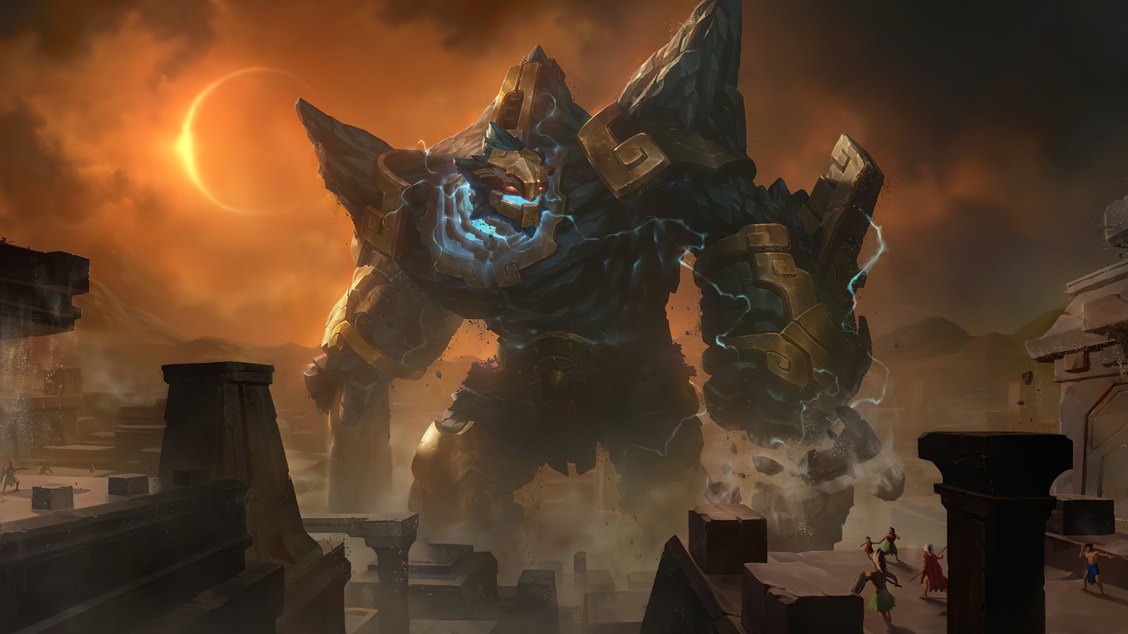 A close up of a giant monster in a city with a sun in the background (worldbreaker, malphite, lor, legends of runeterra, video game)