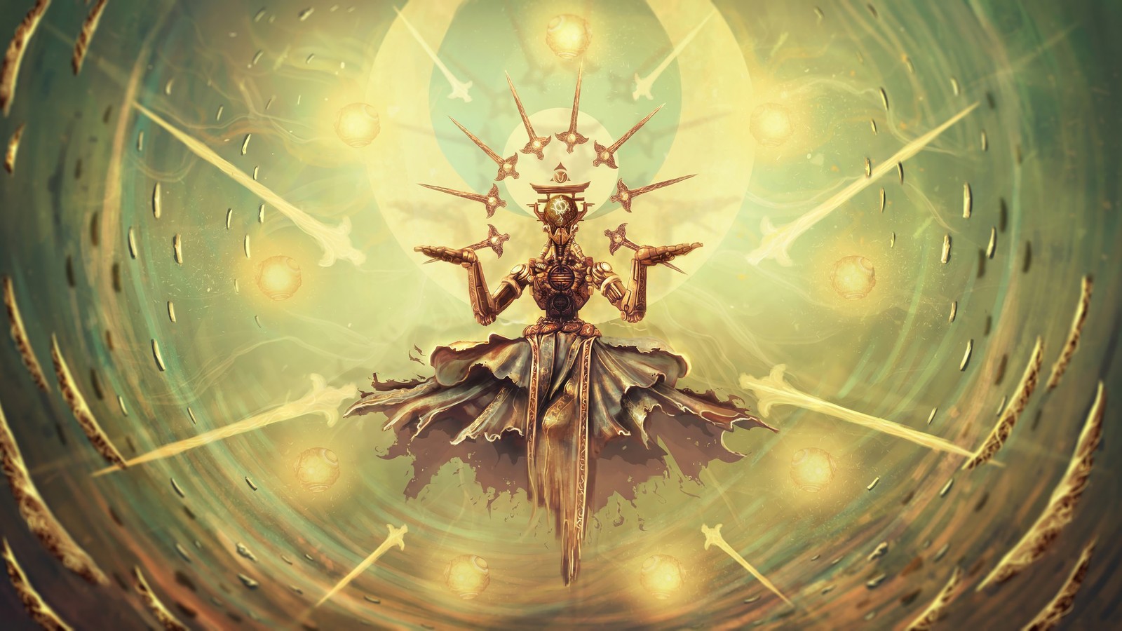 A close up of a person with a sword in a circle (zenyatta, overwatch, video game)