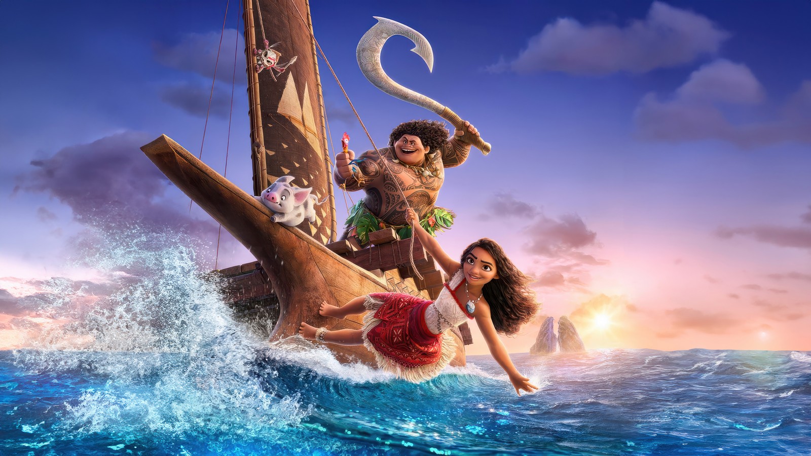 Gemido y gemido en el océano con un barco (moana 2, película, maui, moana)