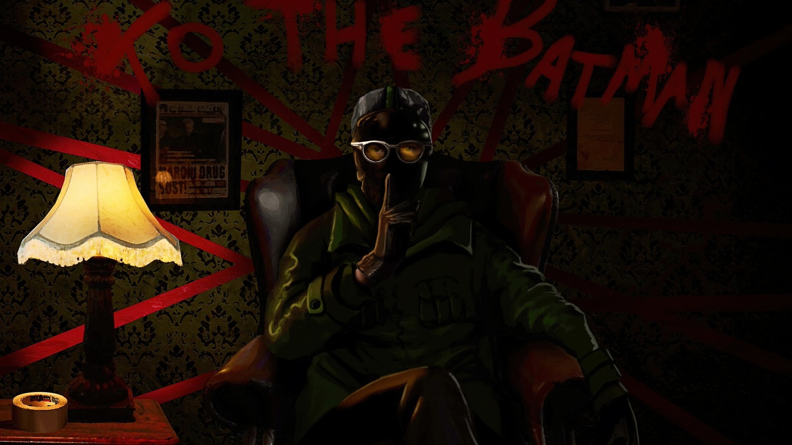 There is a man sitting in a chair with a gas mask on (riddler, the batman 2022, batman, movie)