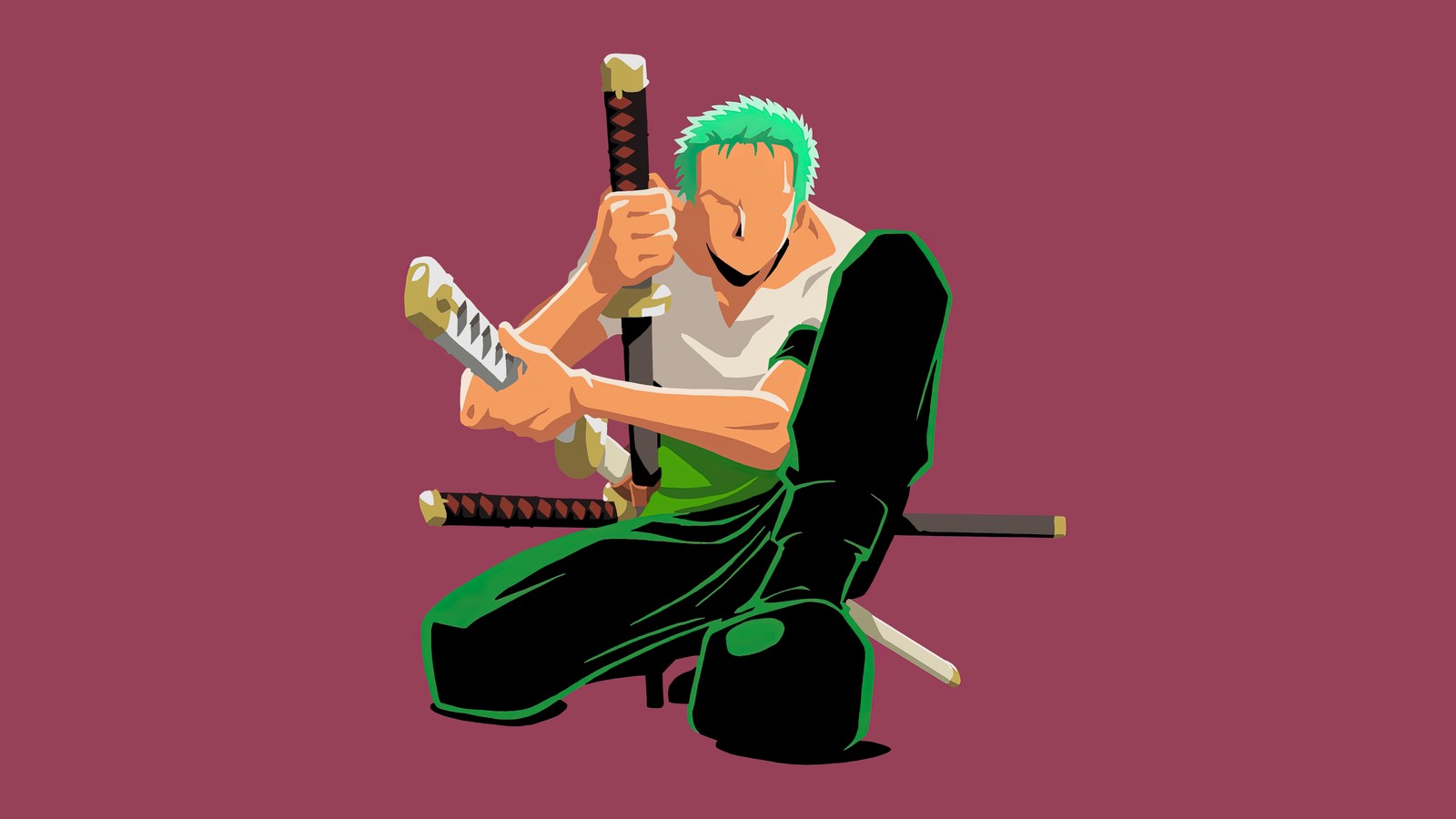 Мужчина с зелеными волосами держит меч и нож (ророноа зоро, roronoa zoro, иллюстрация, безликий, ван пис)